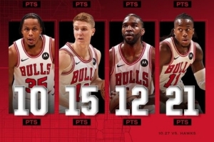 集体发挥&助队开季3连胜！公牛官推晒八人得分上双数据海报